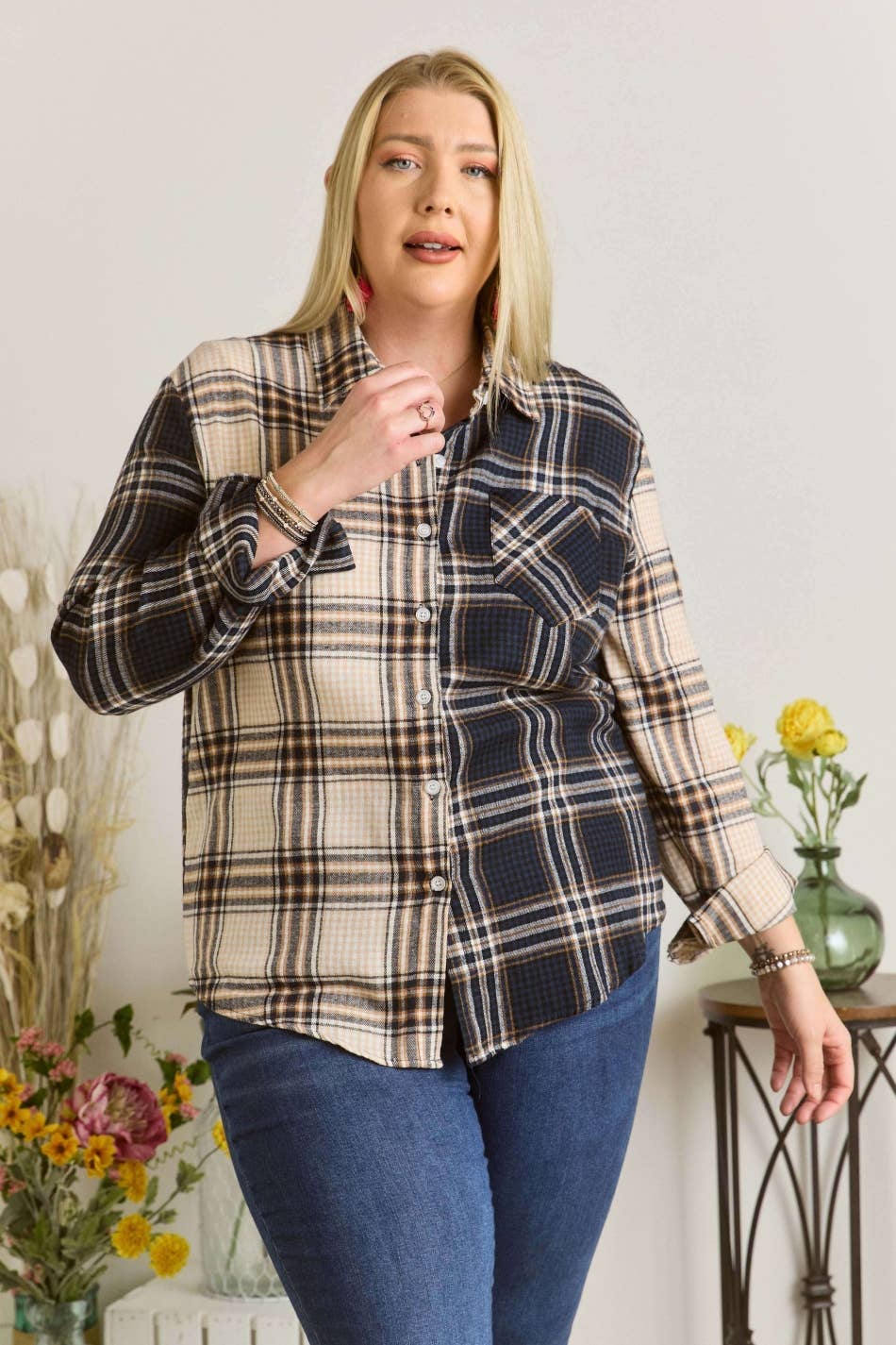 ADORA LA - CET2512X - PLUS SIZE MULTI COLOR PLAID SHIRT