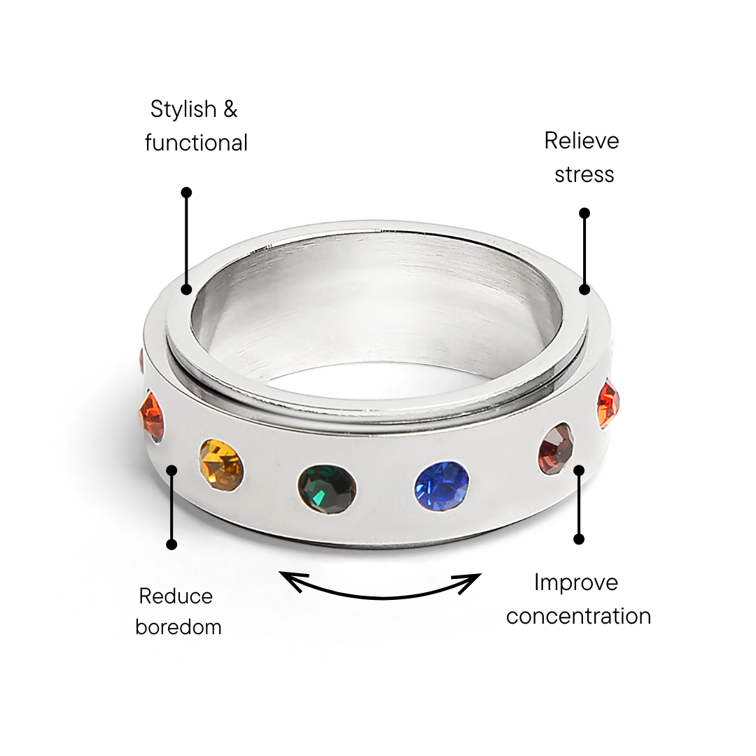 Rainbow CZ Spinner Center Highly Polished Stainless Steel Ring