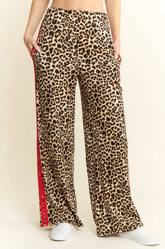 LEOPARD PRINT WITH RED SIDE STRIPE PANTS