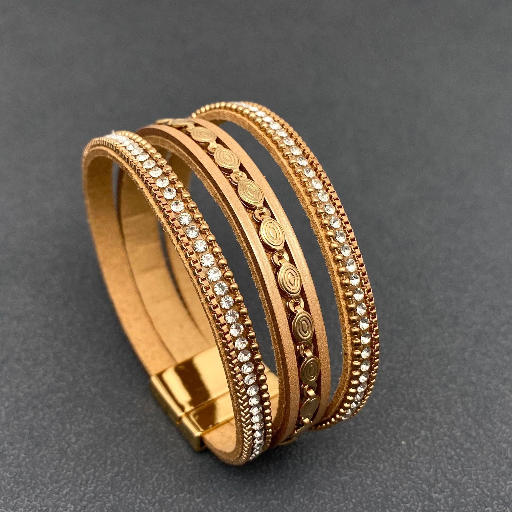 Sparkling Rhinestone & Leather Triple Boho Bracelet