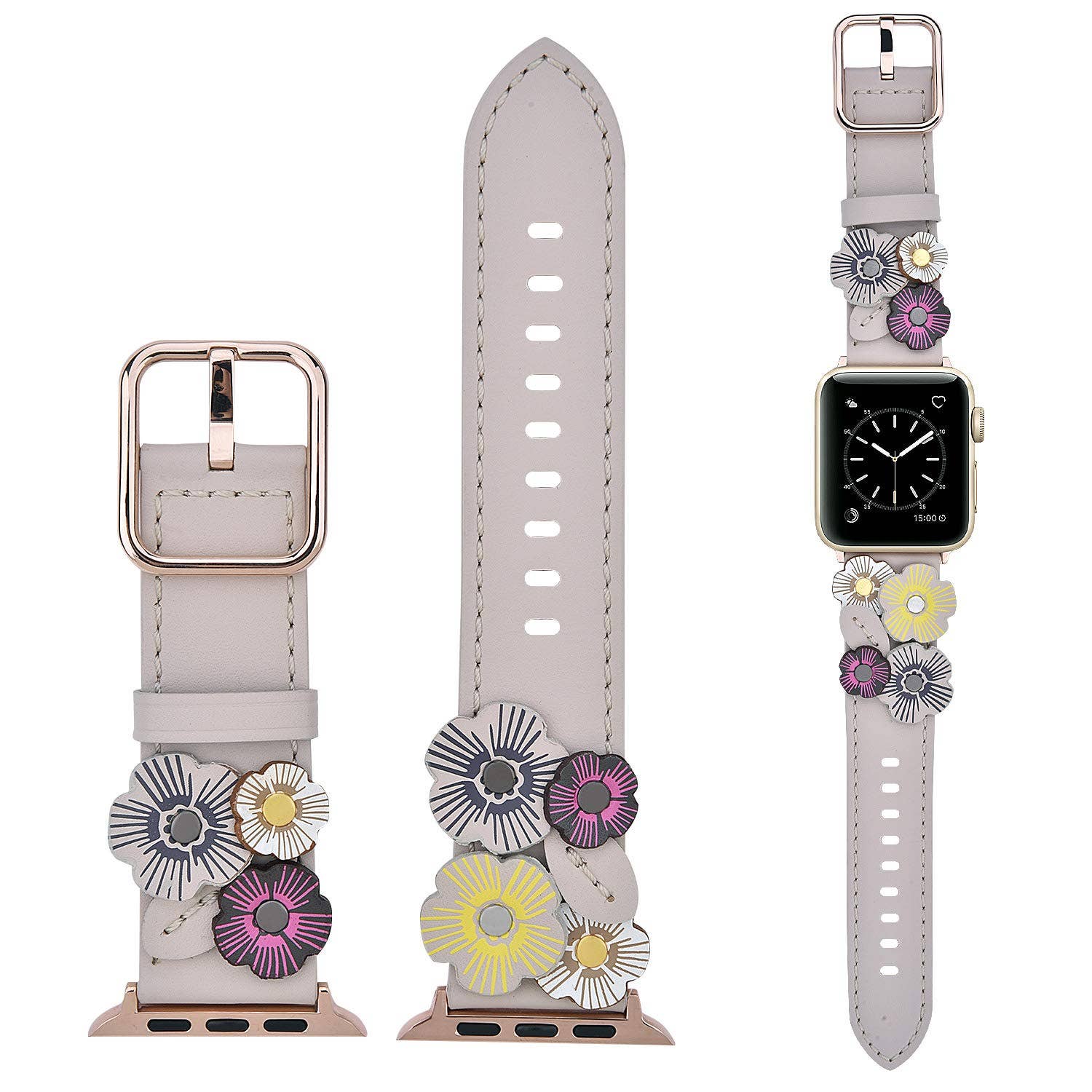 Floral Leather Apple Watch Band Flower Rivets Hand Stitched