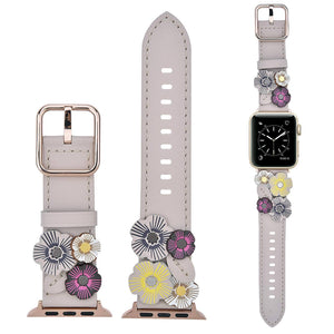 Floral Leather Apple Watch Band Flower Rivets Hand Stitched
