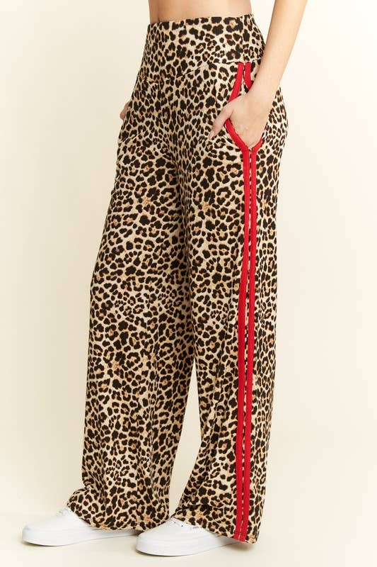 LEOPARD PRINT WITH RED SIDE STRIPE PANTS