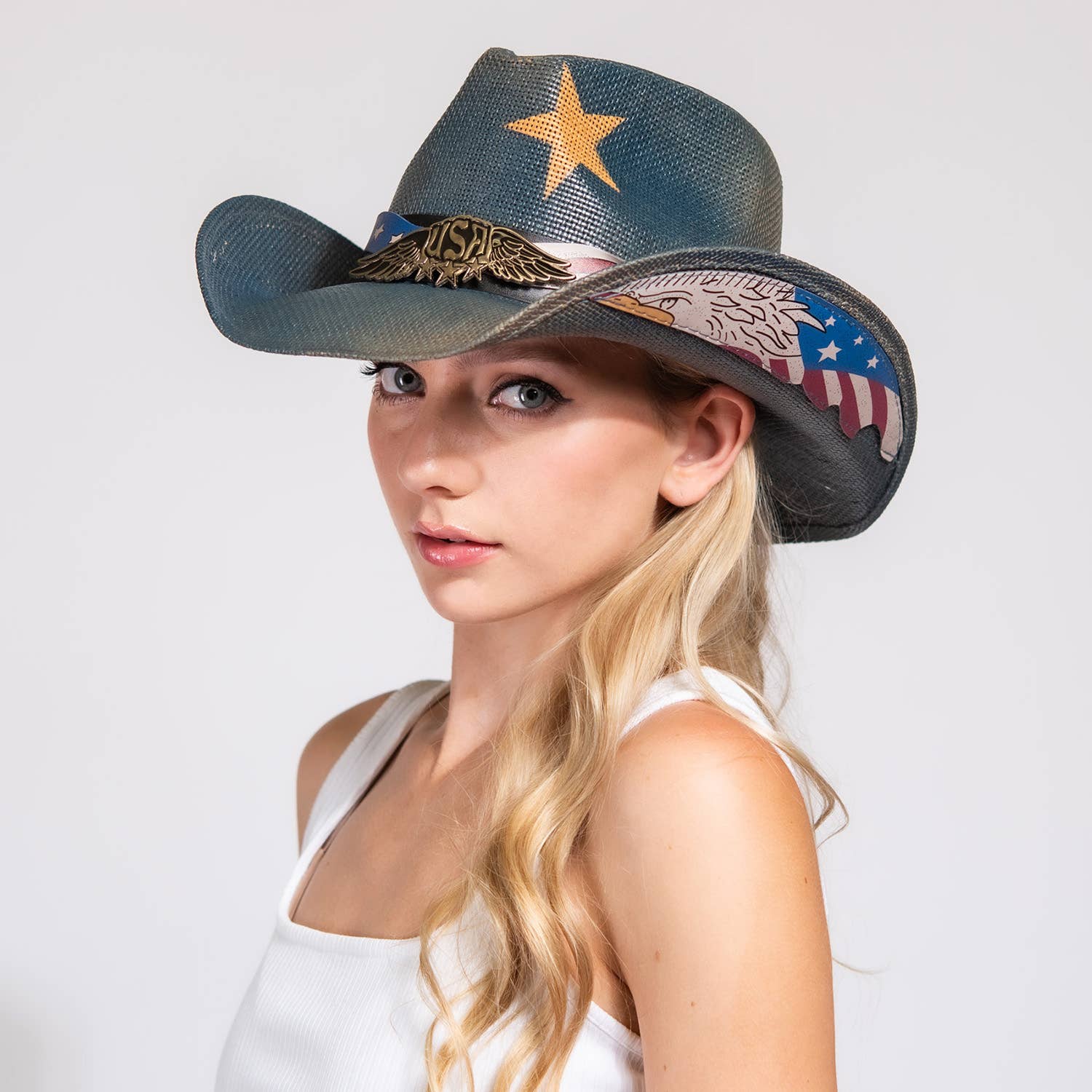 Patriotic Western denim Star Cow Boy Hat with Band