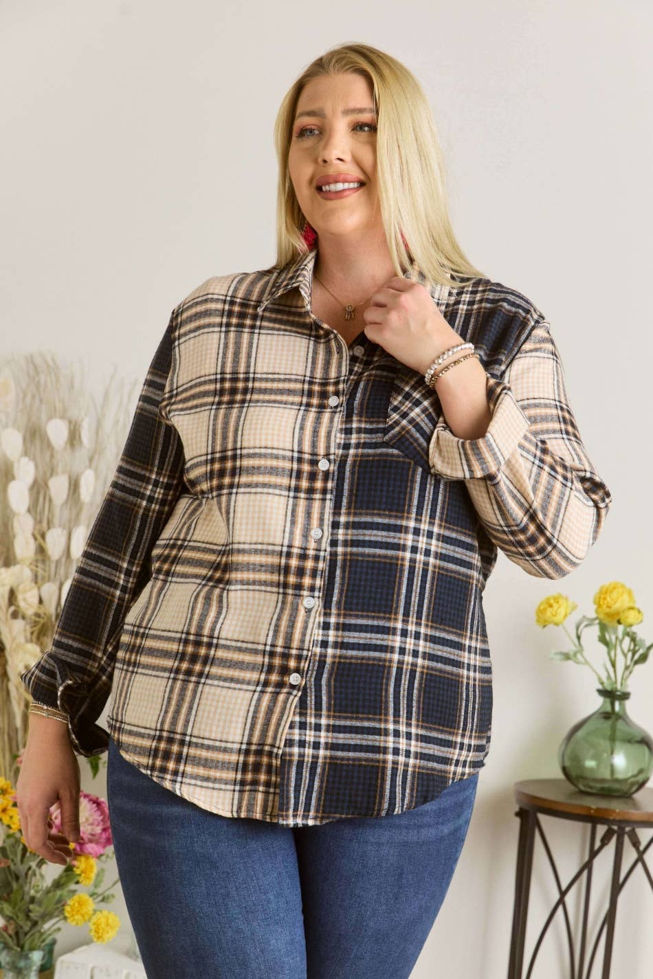 ADORA LA - CET2512X - PLUS SIZE MULTI COLOR PLAID SHIRT