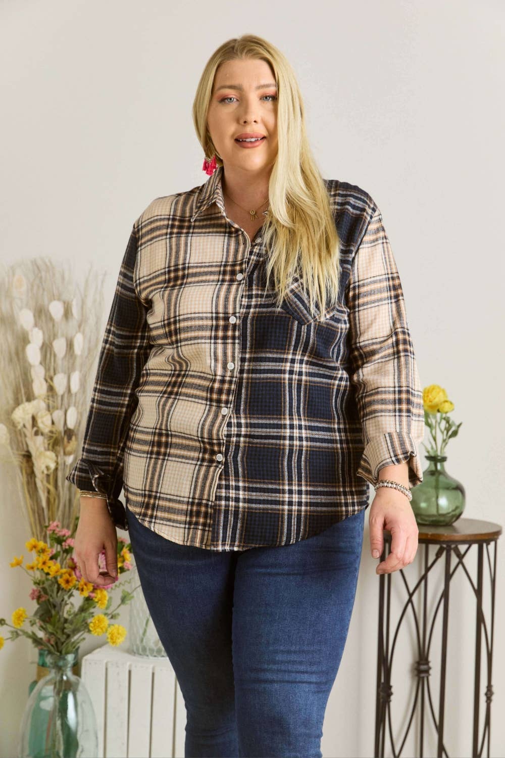 ADORA LA - CET2512X - PLUS SIZE MULTI COLOR PLAID SHIRT