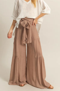 Front Tie Waist Tiered Palazzo Pants
