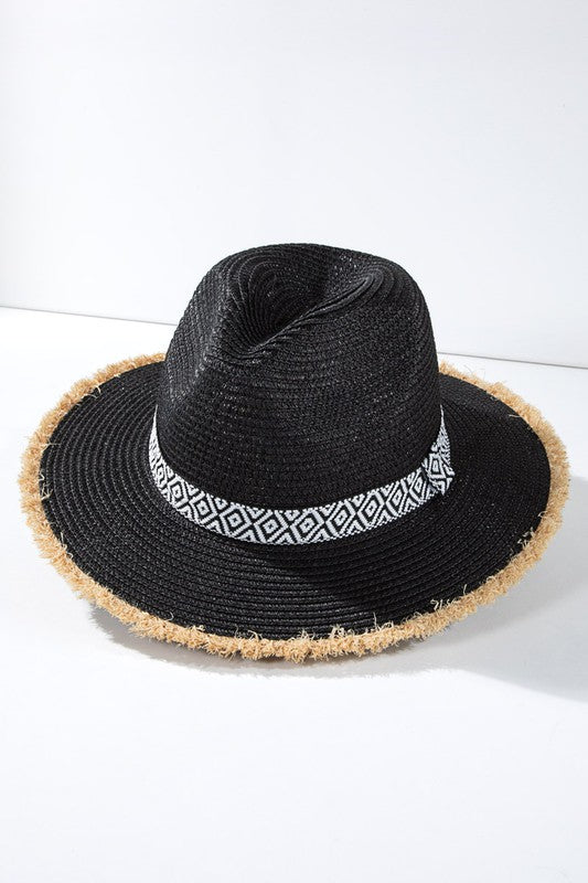 URBANISTA Frayed Ethnic Trim Straw Hat