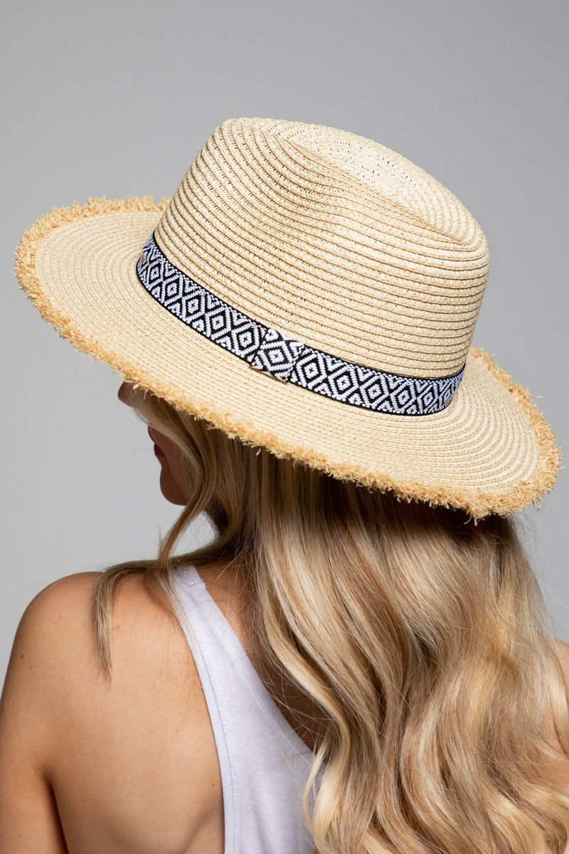 URBANISTA Frayed Ethnic Trim Straw Hat