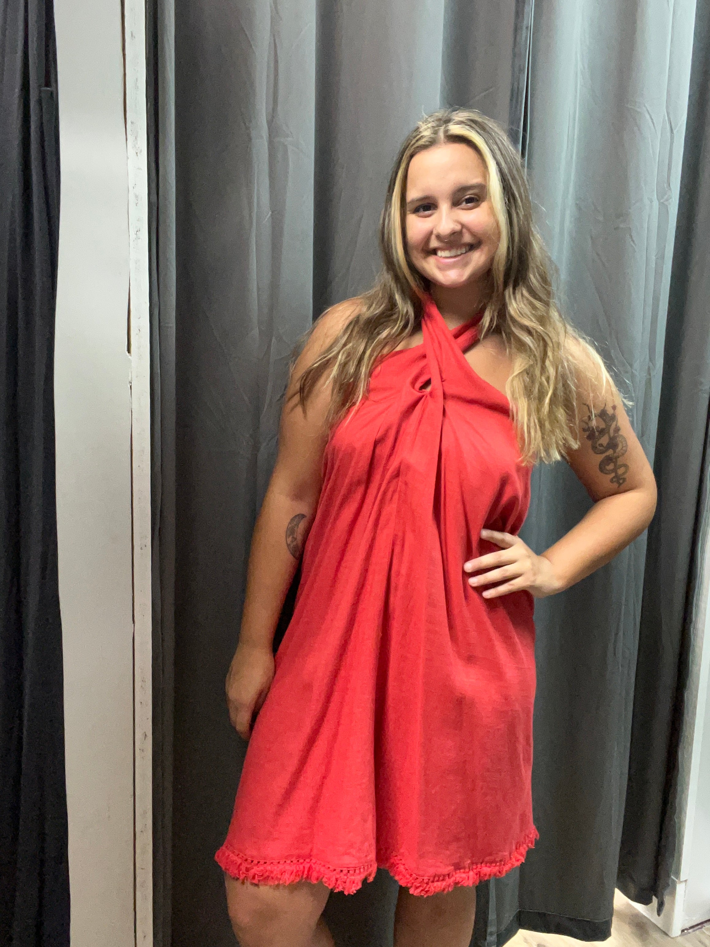 EASEL FRINGE HALTER DRESS
