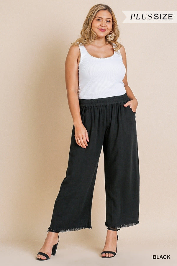 UMGEE Wide Leg Pant with Elastic Waist, Pockets, and Frayed Hem