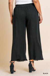 UMGEE Wide Leg Pant with Elastic Waist, Pockets, and Frayed Hem
